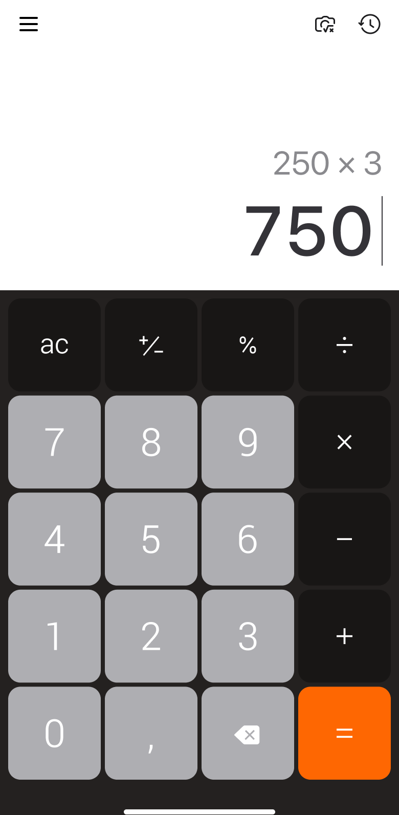 The redesigned calculator: no top navigation, a single menu icon, and the calculation given the full width of the screen