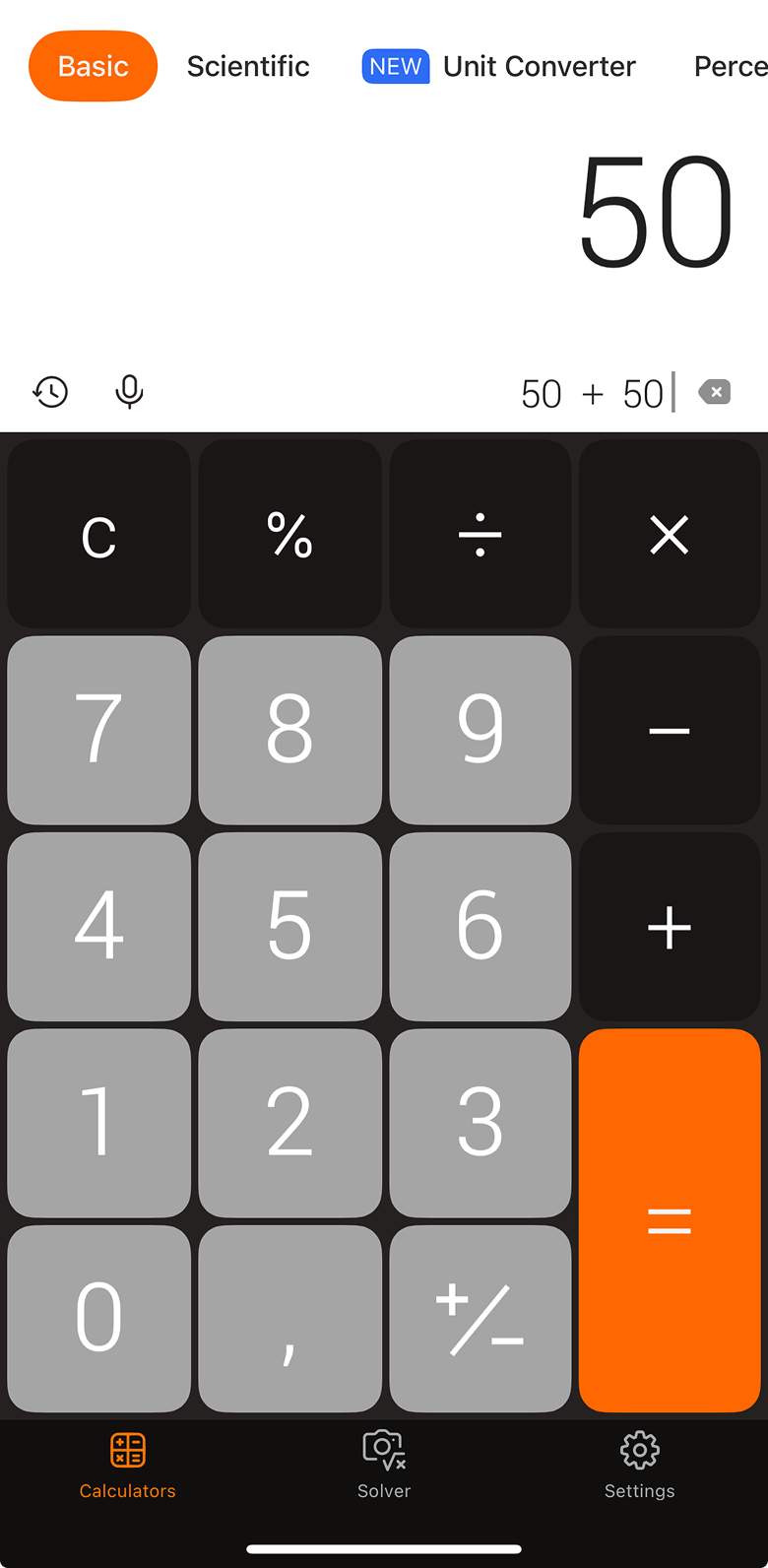 The previous calculator: tabs for Basic, Scientific, Unit Converter and Percentage running across the top of the screen, a NEW badge, a history and voice row, and a bottom tab bar
