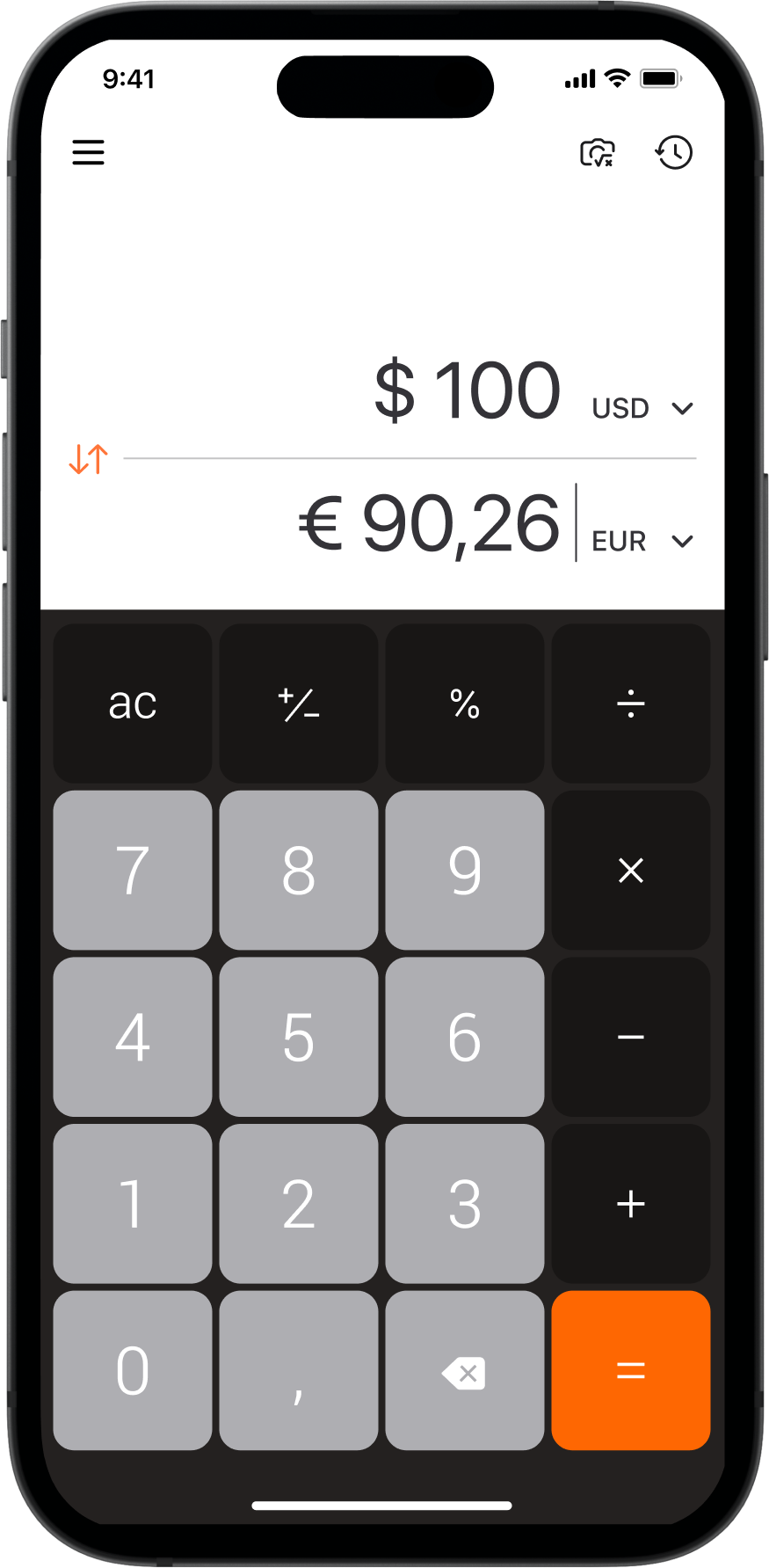 Currency converter showing $100 converted to €90.26