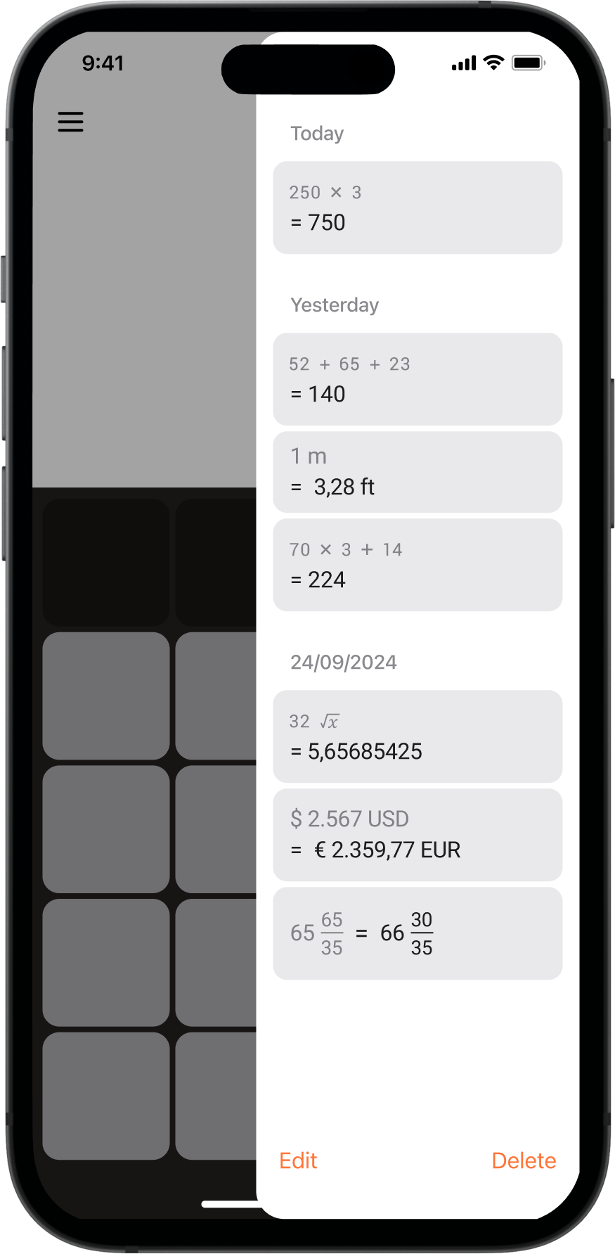 History panel open over the calculator, listing previous results by day