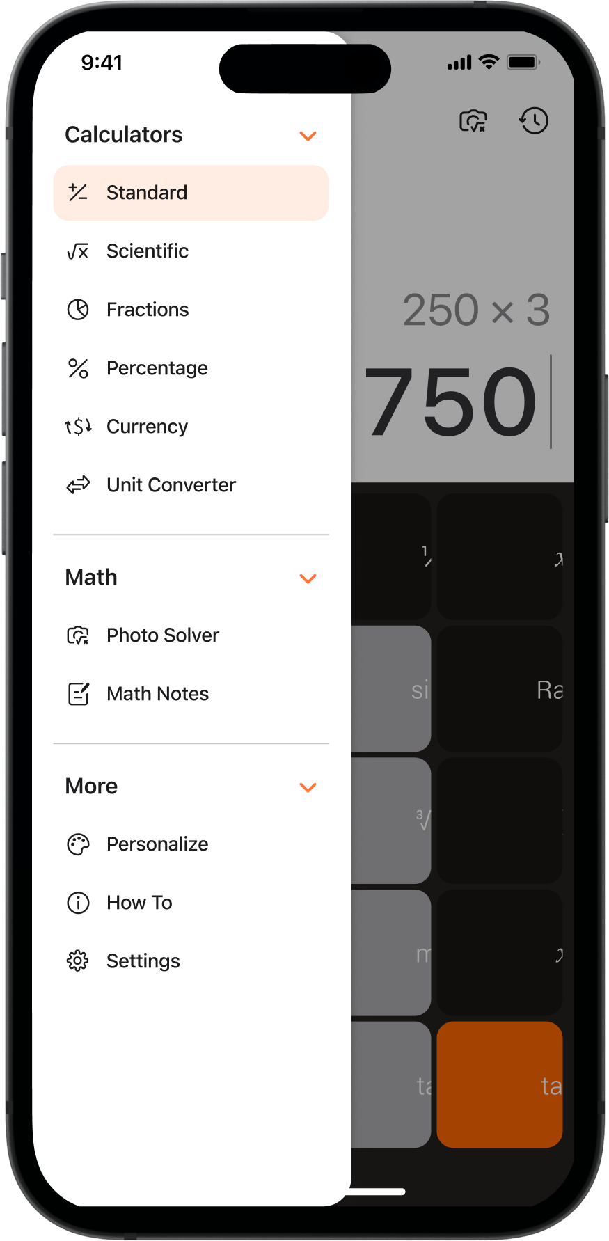 The side menu open over the calculator, listing every calculator, solver and setting