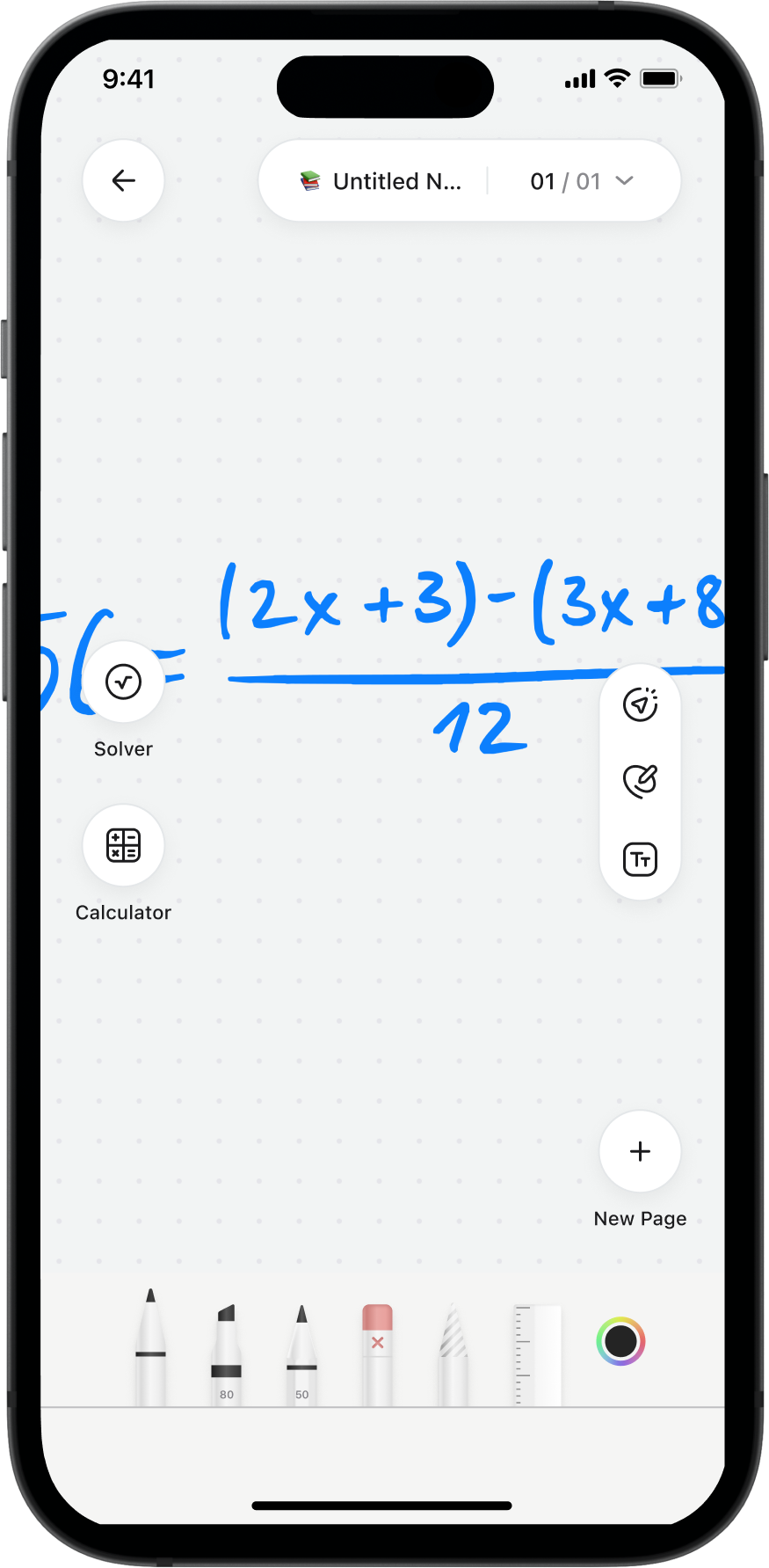 Math Notes: a handwritten expression underlined and solved on a dotted canvas