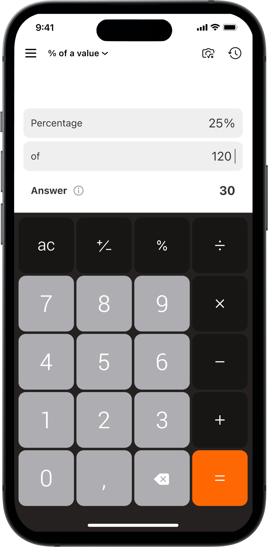 Percentage calculator: 25% of 120 answers 30