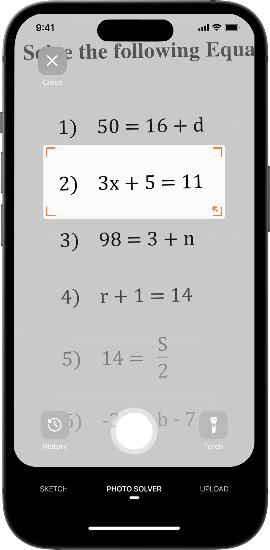 Photo Solver framing one printed equation through the camera