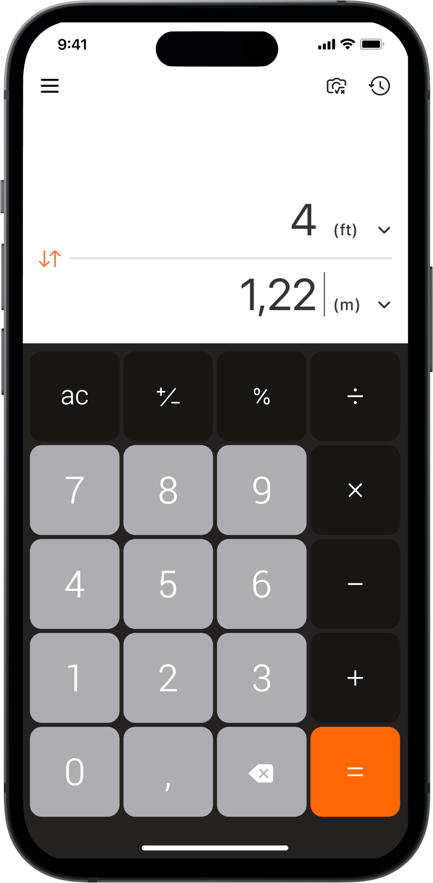 Unit converter showing 4 ft converted to 1.22 m