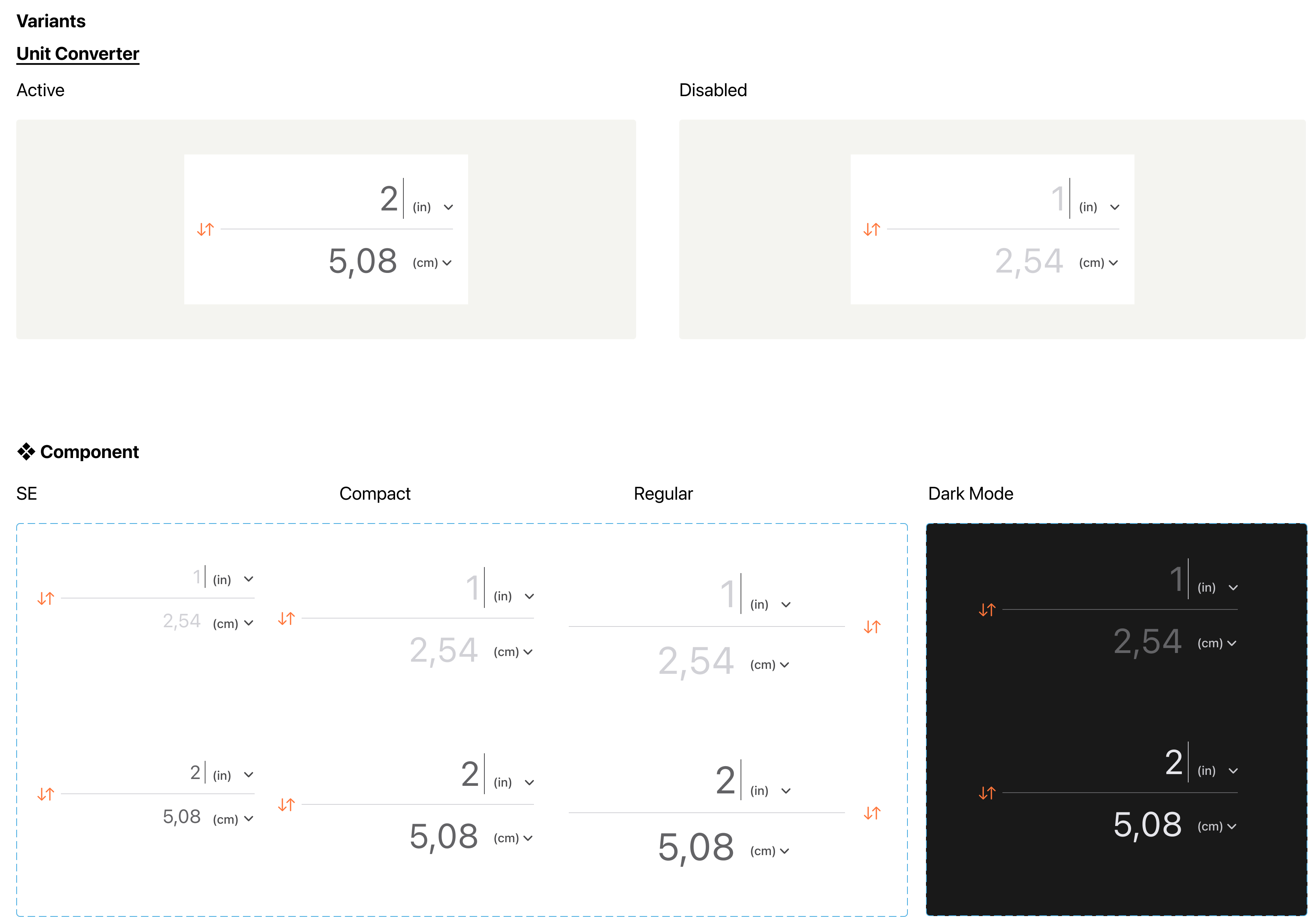 Design system board: the unit converter component in active and disabled variants, then rendered across SE, compact, regular and dark mode