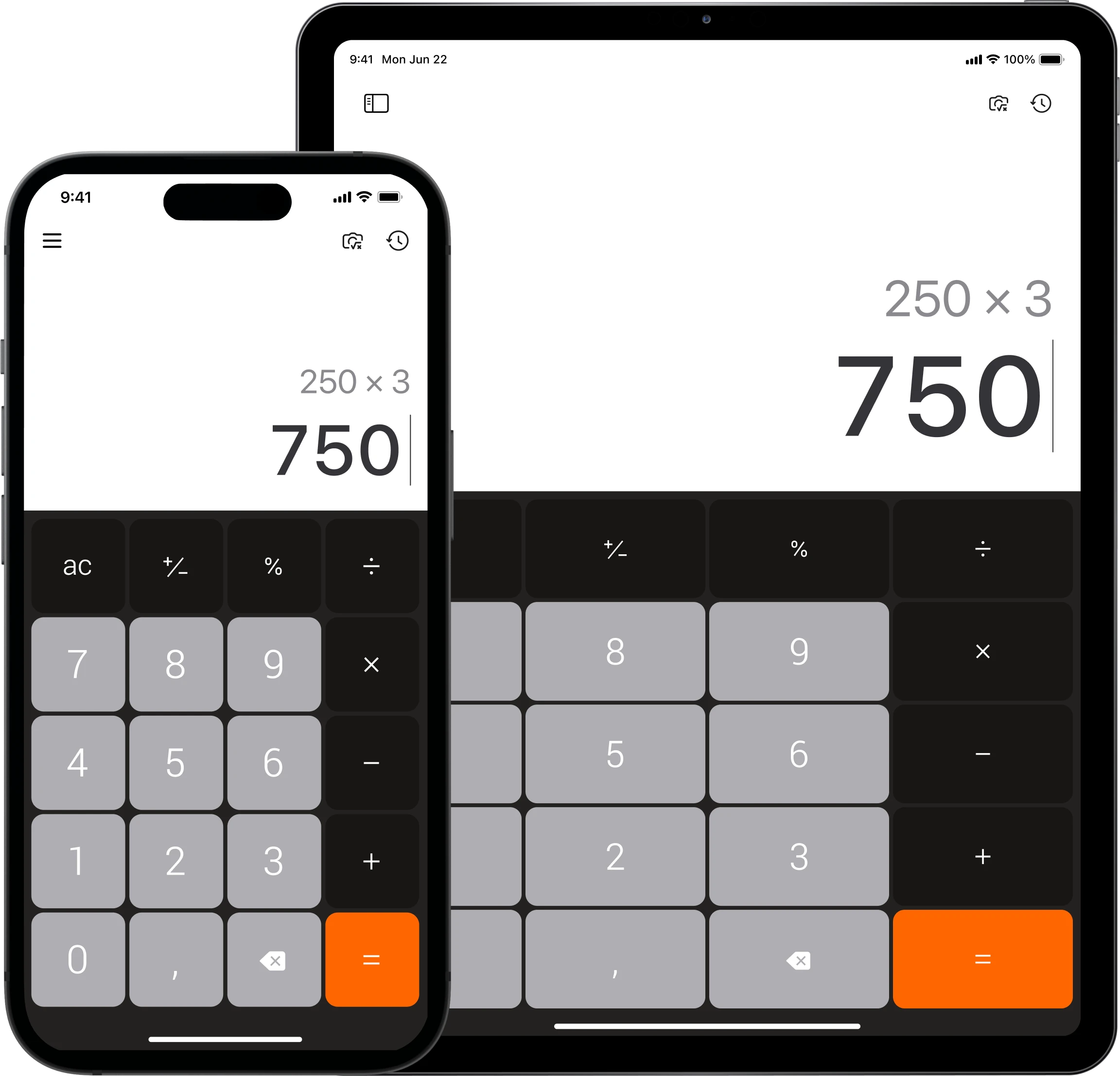 The redesigned Calculator app shown on iPhone and iPad