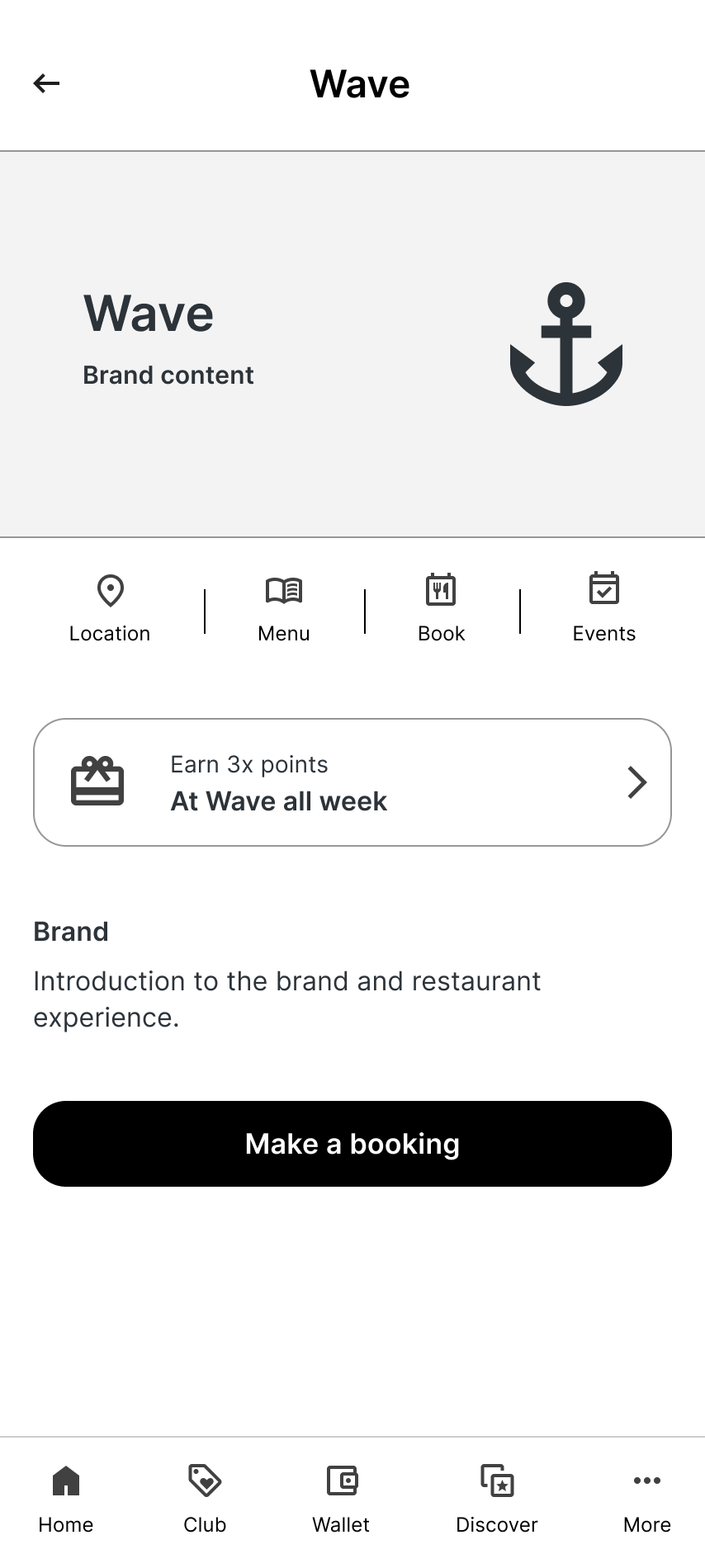 Original brand page wireframe: Wave masthead, location, menu, booking, events, earning promotion and a make a booking call to action.