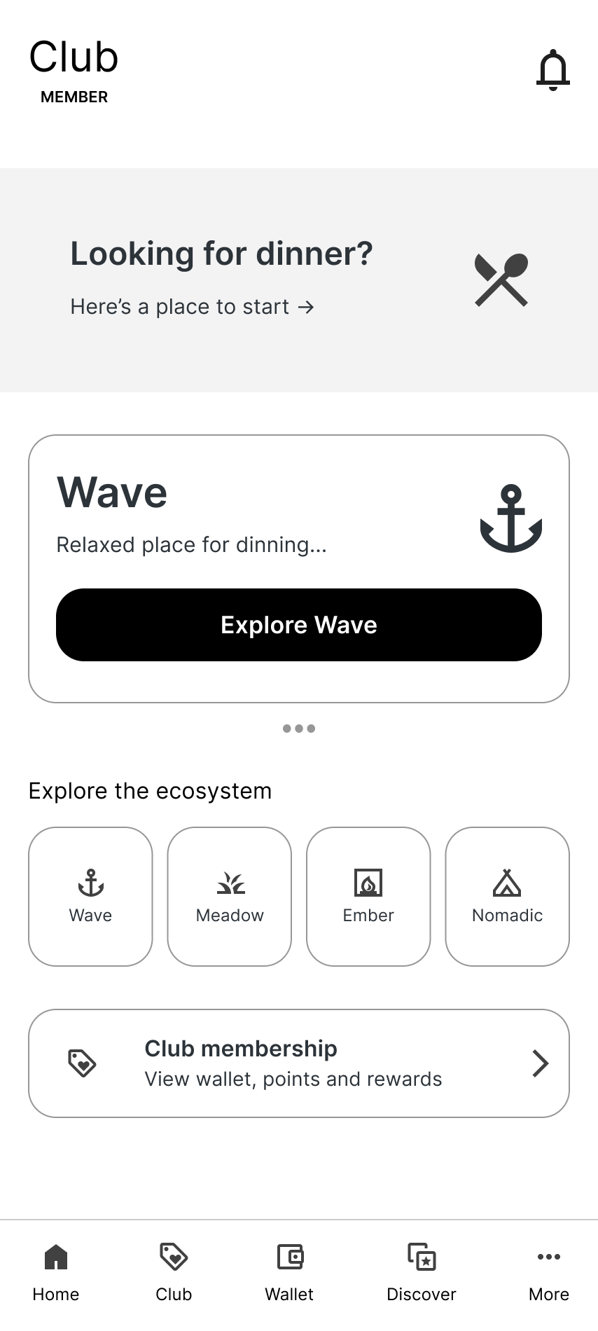 Refined direction wireframe: Club member shell, Looking for dinner? with Here's a place to start, Wave as the contextual starting point with Explore Wave, Explore the ecosystem across Wave, Meadow, Ember and Nomadic, and Club membership as a secondary access point.
