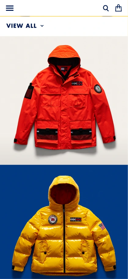 Tommy Jeans Outdoors mobile collection page: full-bleed product photography scrolling under the store header