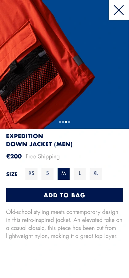 Tommy Jeans Outdoors mobile product page: expedition down jacket with size selection and add to bag