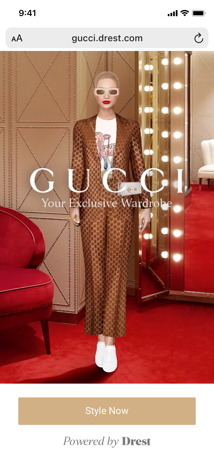 DREST x Gucci VIP wardrobe — landing screen with Style Now call to action
