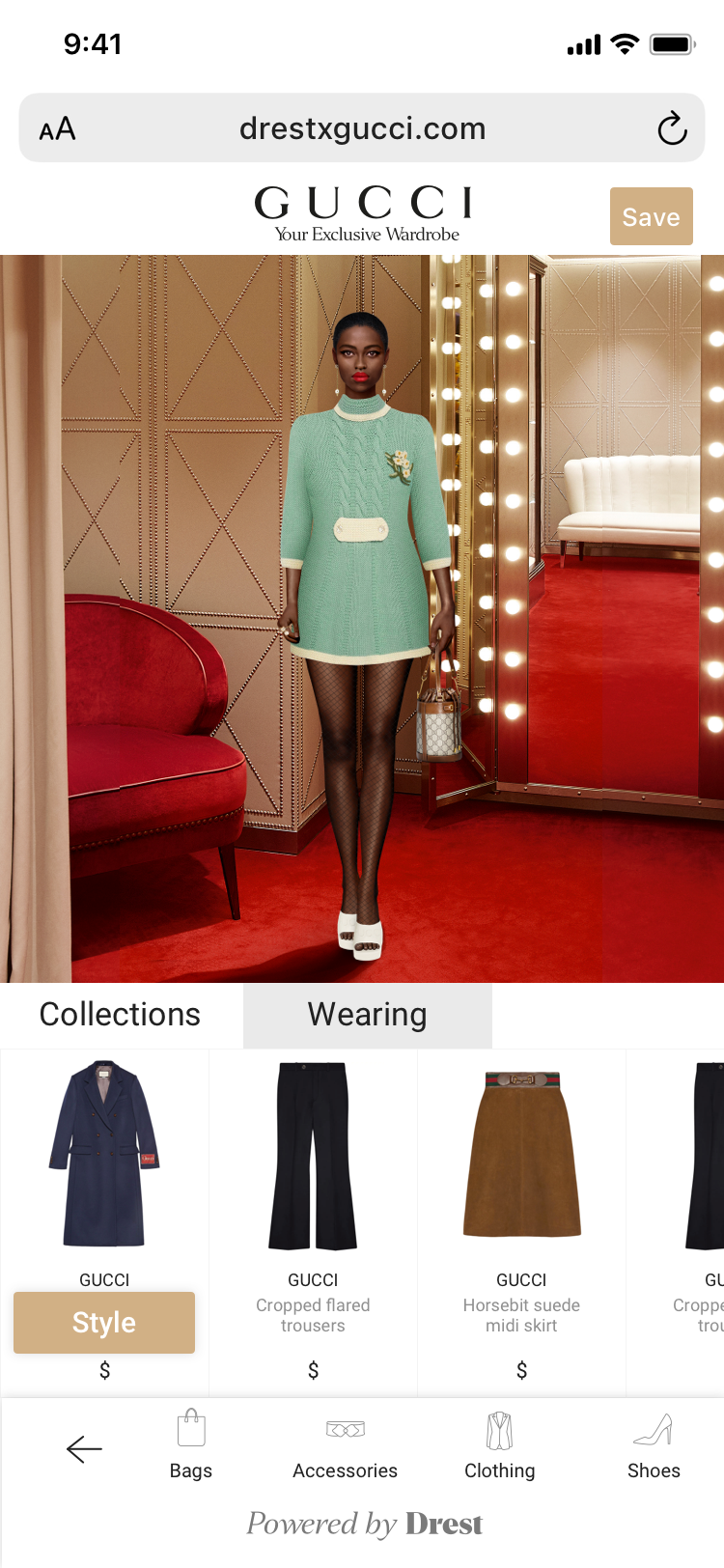 DREST x Gucci — styled mint-dress look with the Collections and Wearing product browser