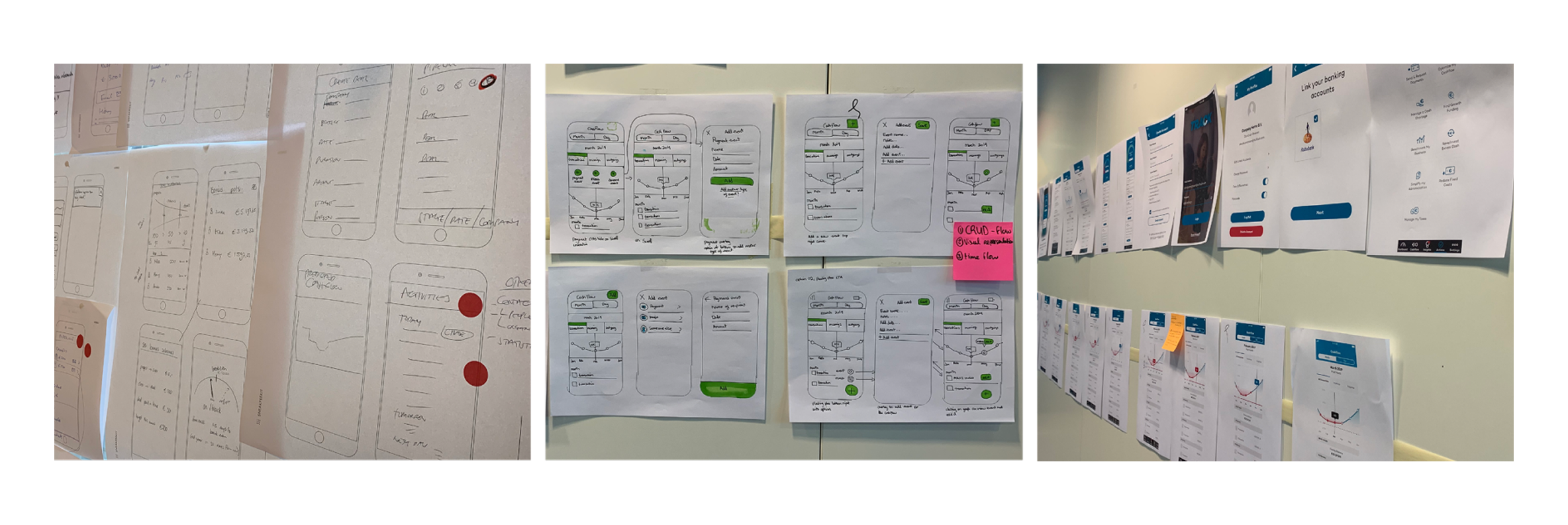 Journey mapping: hand-drawn wireframes and flows grouped by feature