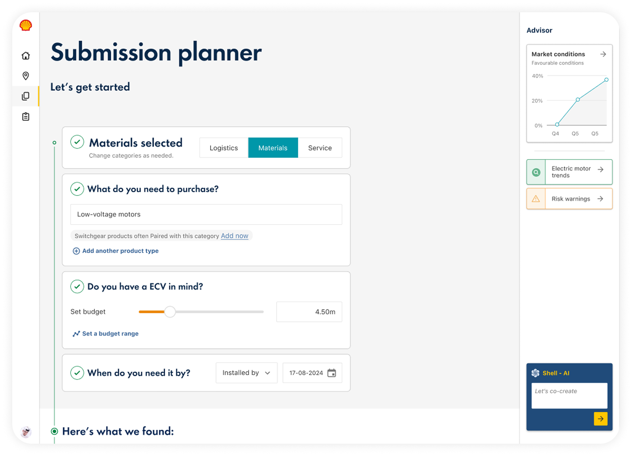 Submission planner — guided intake capturing scope, budget range and timeline