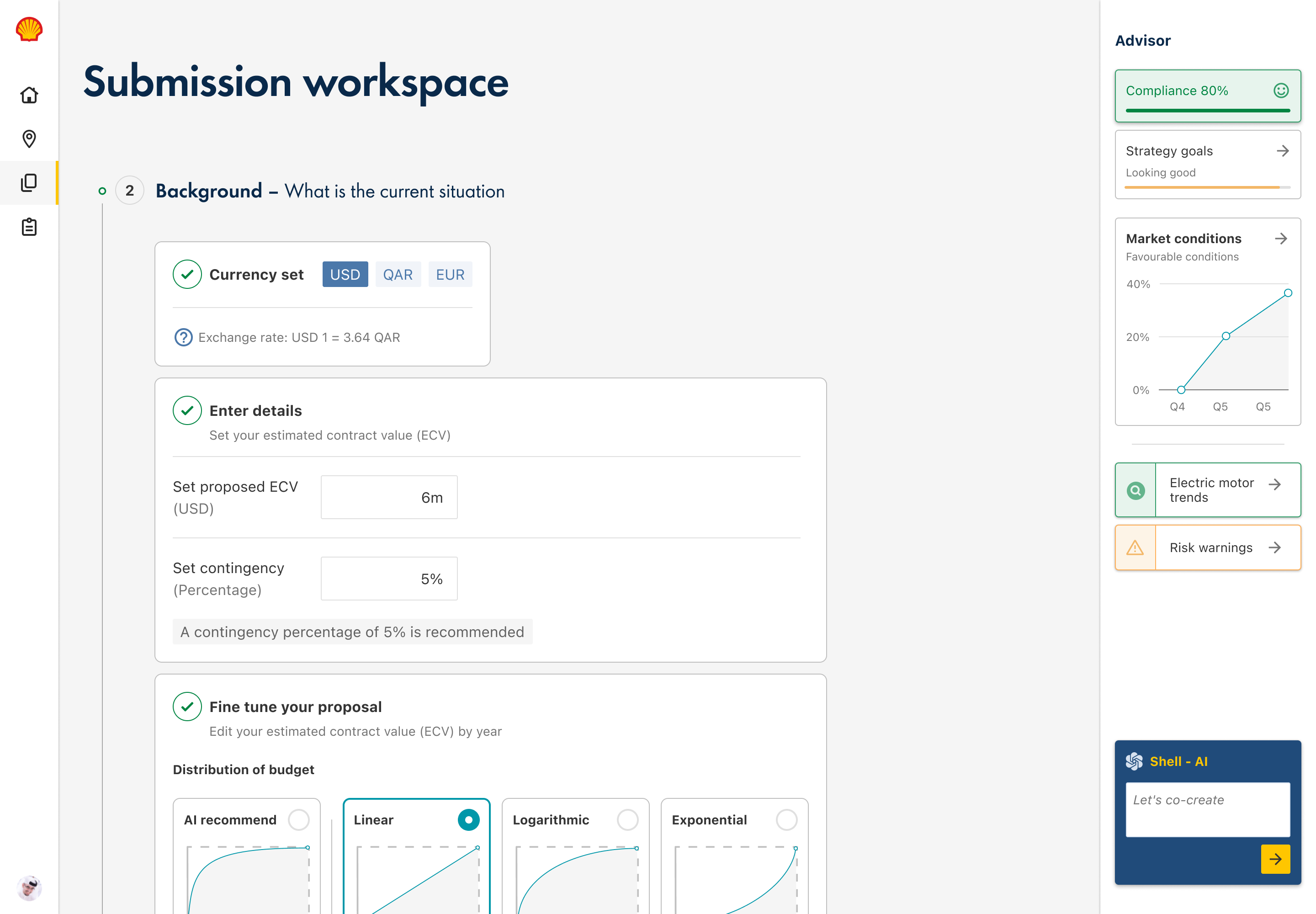 Submission workspace — setting contract value, contingency and budget distribution with a live compliance score