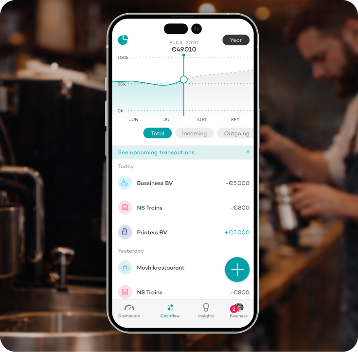 Rabobank small-business finance app shown on an iPhone